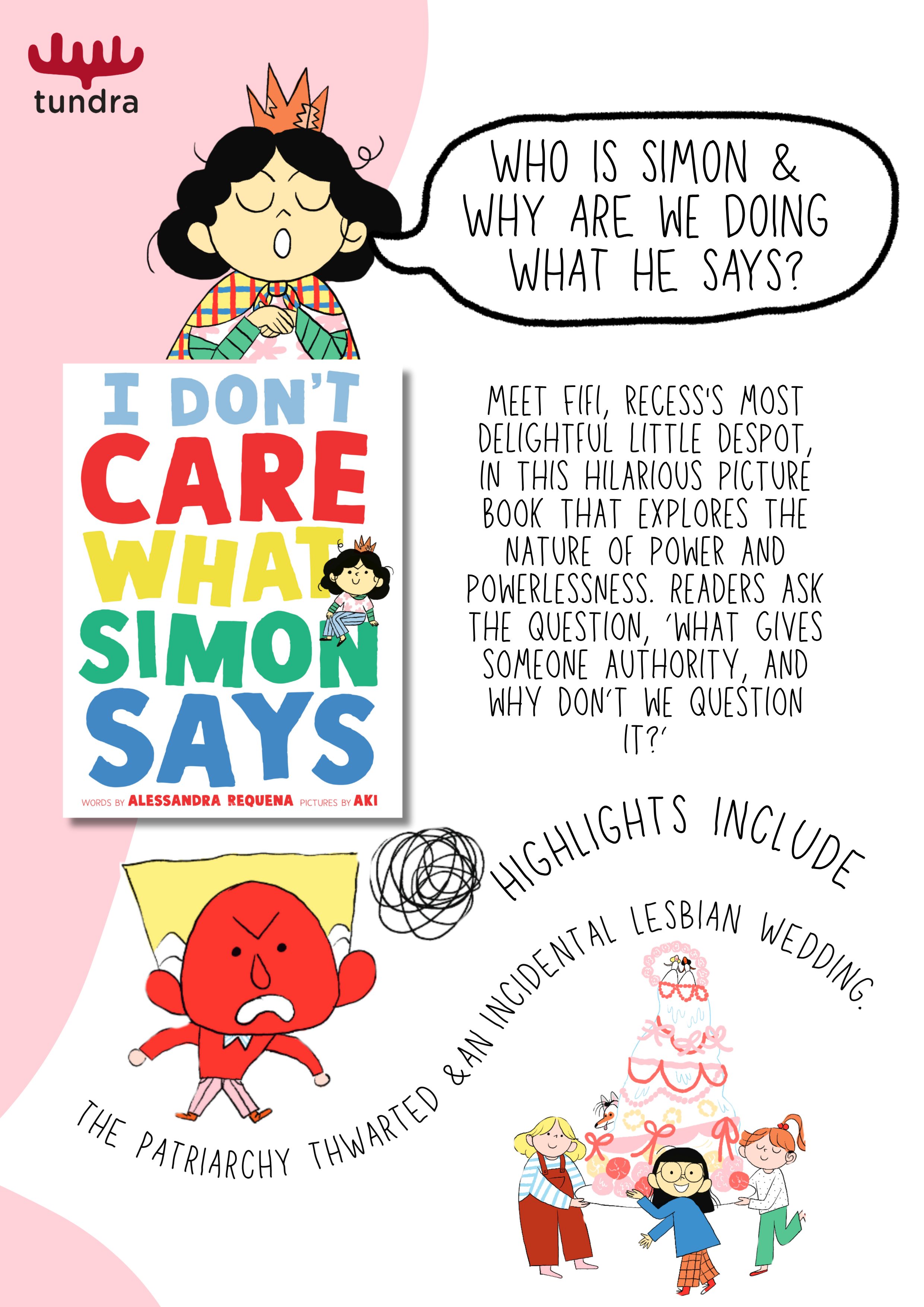 Media sheet for picturebook I DON”T CARE WHAT SIMON SAYS. Picture of child above the cover of the book. The book cover is mostly text and says “I DON’T CARE WHAT SIMON SAYS”